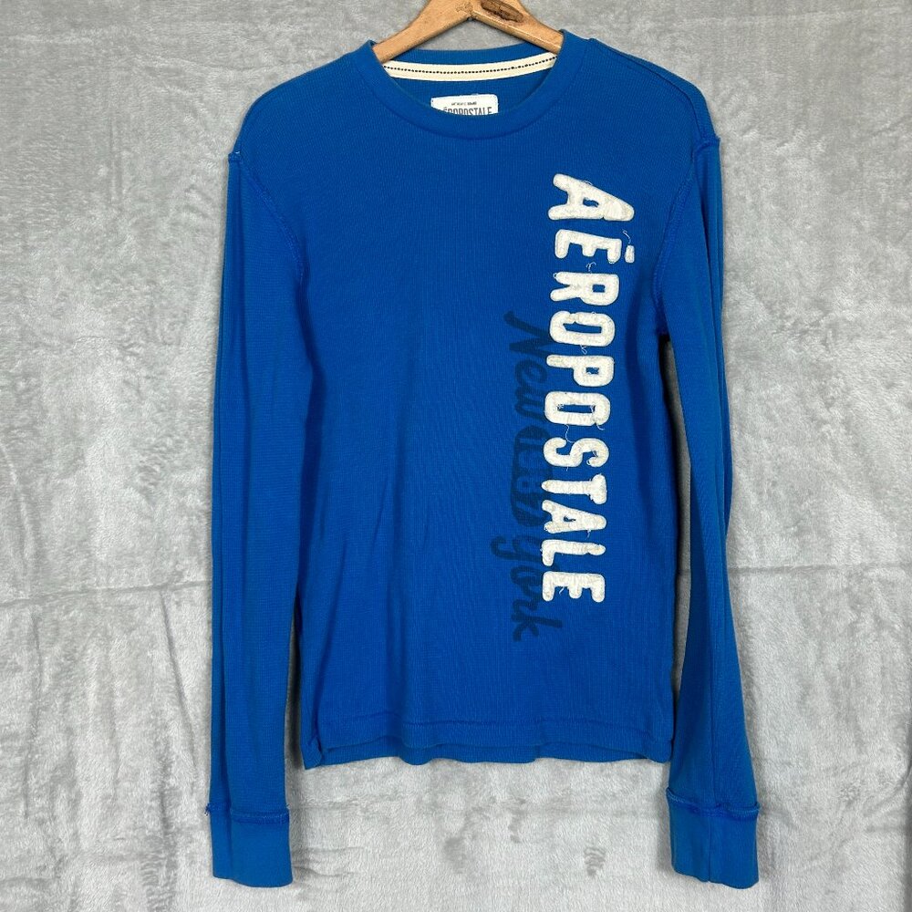 Aeropostale Shirt Men's Small Blue Waffle Knit Pullover Long Sleeve Classic Y2K